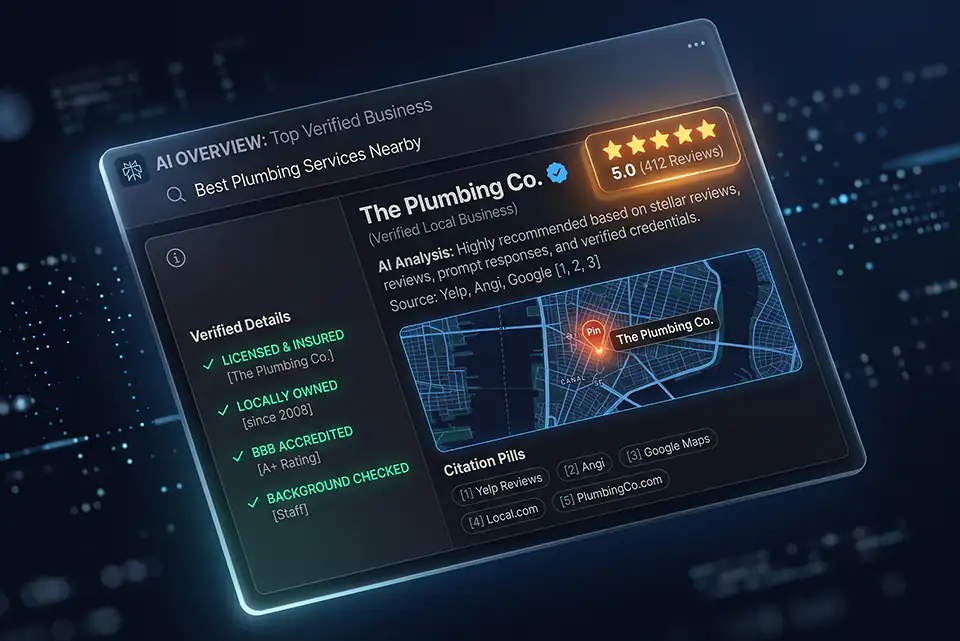 Mockup de Google AI Overview y Local Map Pack optimizado para AEO y GEO
